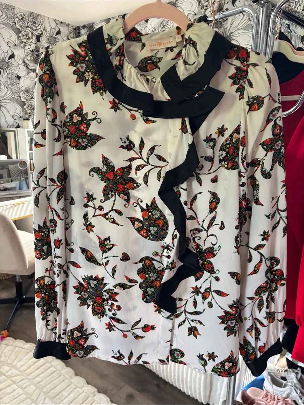 Tory Burch Silk White Floral Ruffle-Trim Blouse